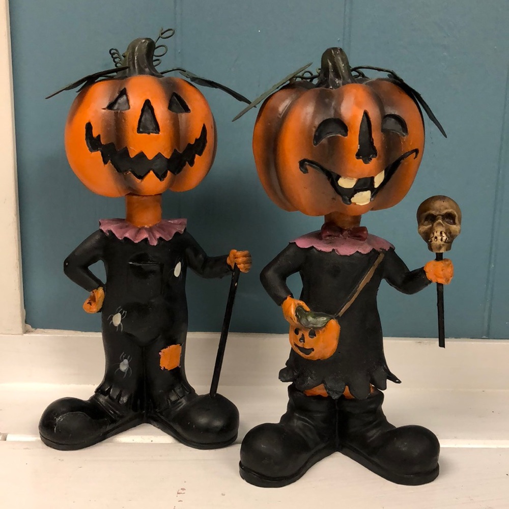 2 Halloween Jack-O-Lantern 8” Bobble Head Figurines Friendly Spooky‎ Halloween